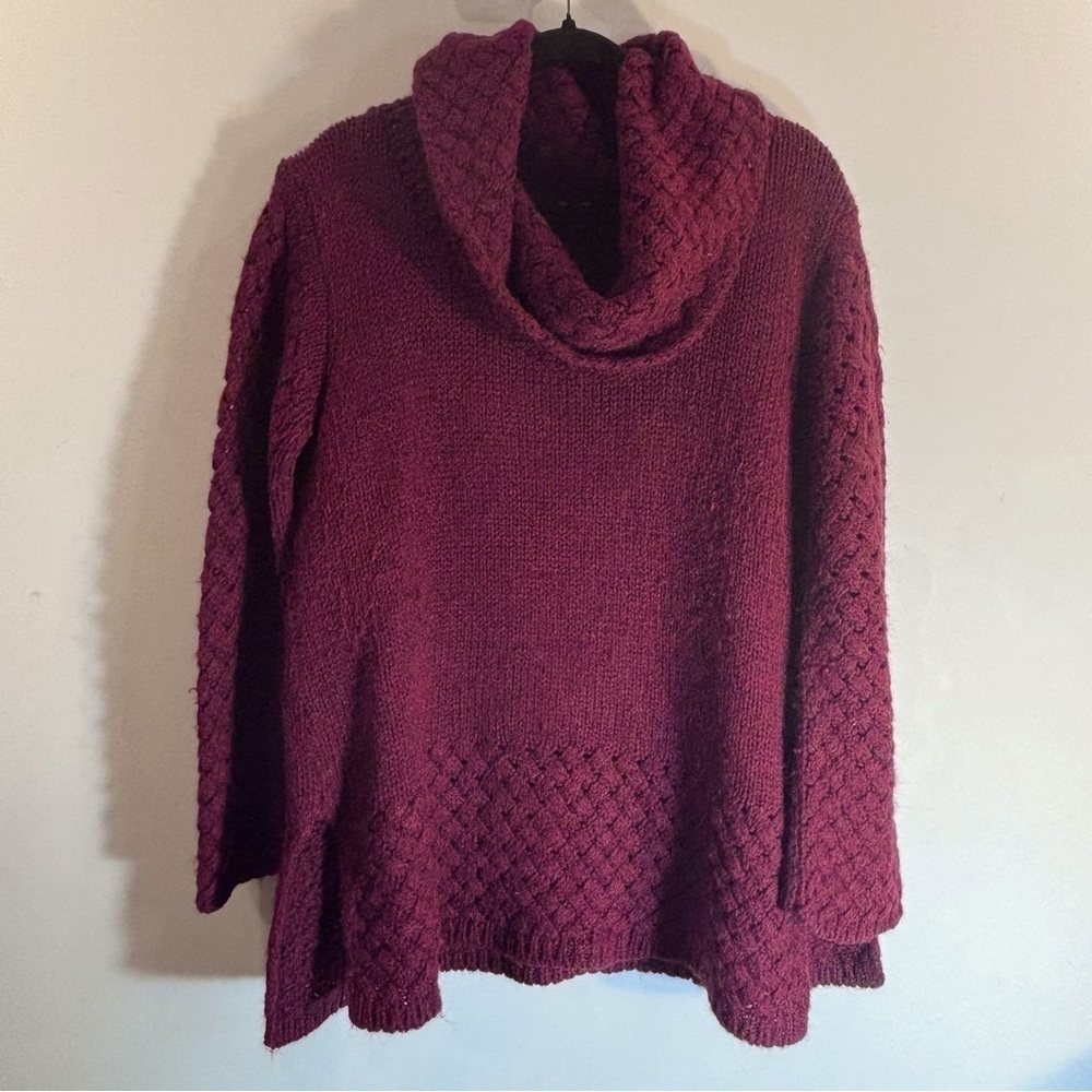 AVA Sz L Wool Alpaca Blend Sweater Cowl Neck Long Line Lattice Hem & Cuffs